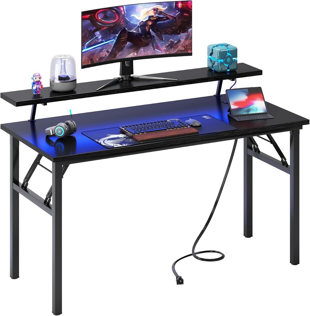 DlandHome 47" Computer Desk with Power Outlets & LED Lights, Black, Bedroom