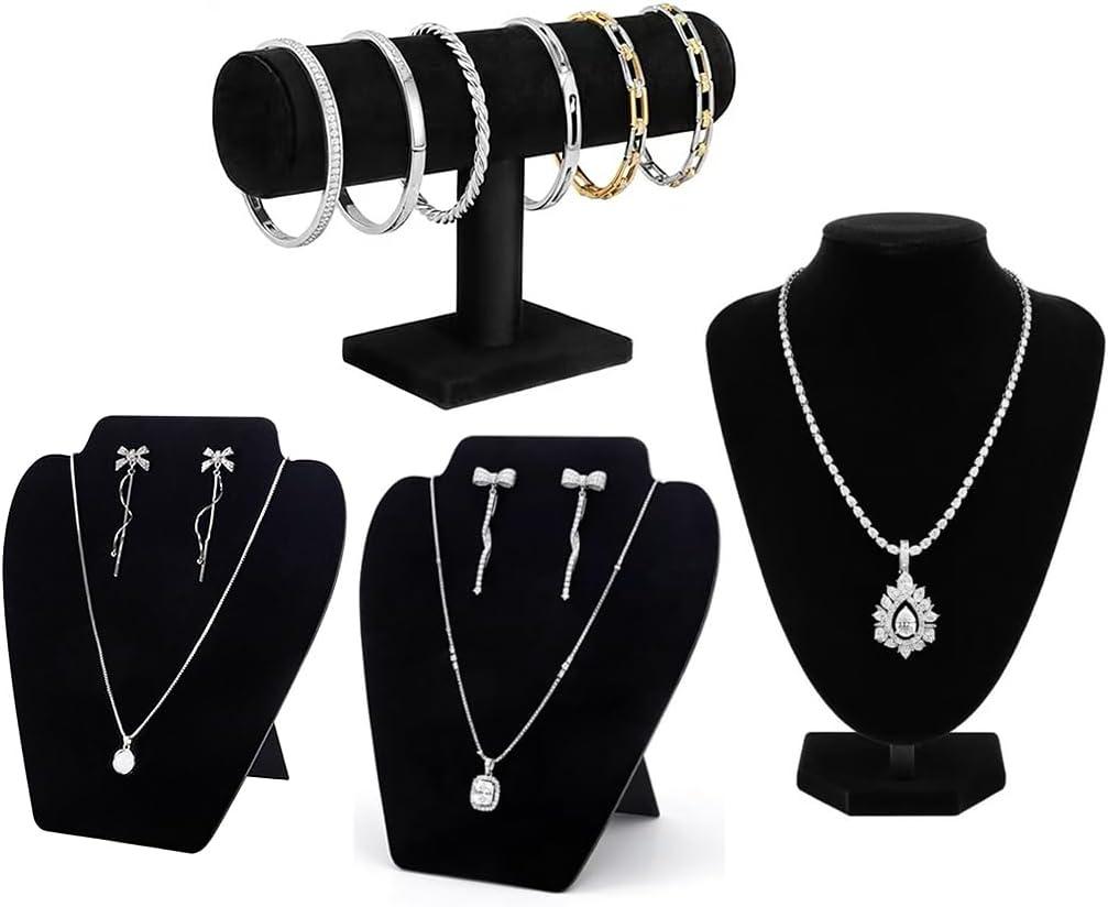 4 Piece Black Velvet Necklace Display Mannequin Bust with Bracelet Holder for Vendors, Professional Jewelry Displays for Selling and Photography