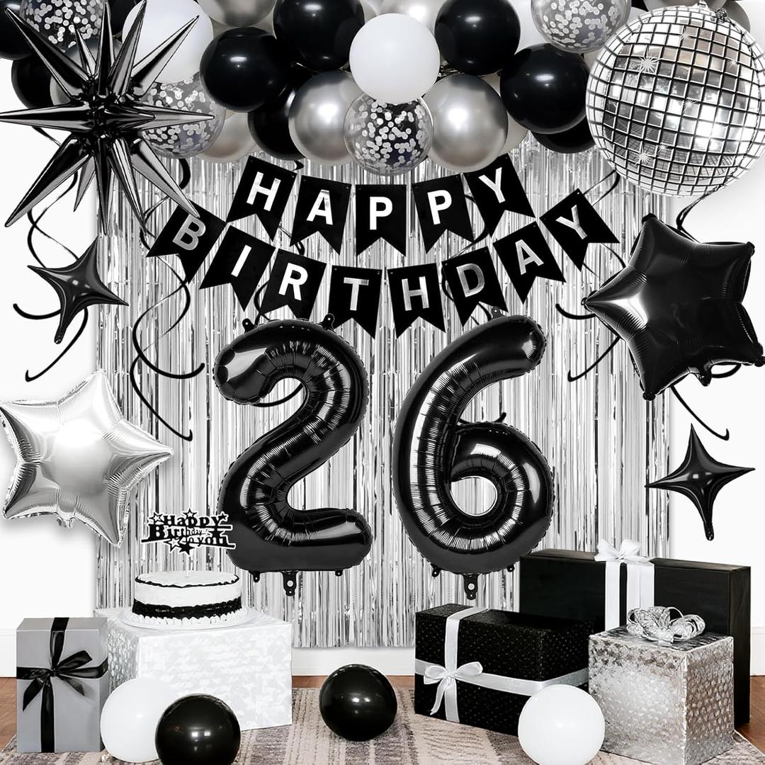 26th Birthday Decorations for Men Women, Black Silver Happy Birthday Party Decorations 26 Year Old Party Supplies with Number 26 Balloons, Banner, Fringe Curtains Kit