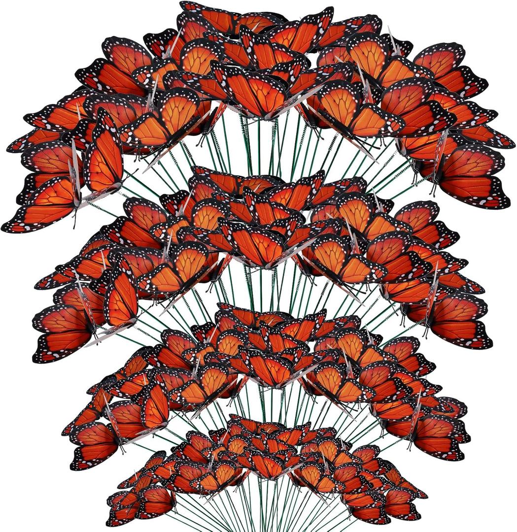 Vicenpal 100 Pieces Monarch Butterfly Stakes Monarch Butterfly for Day of The Dead Waterproof Garden Ornaments 4 Different Sizes 3D Dia De Los Muertos Decor Halloween Party Supplies