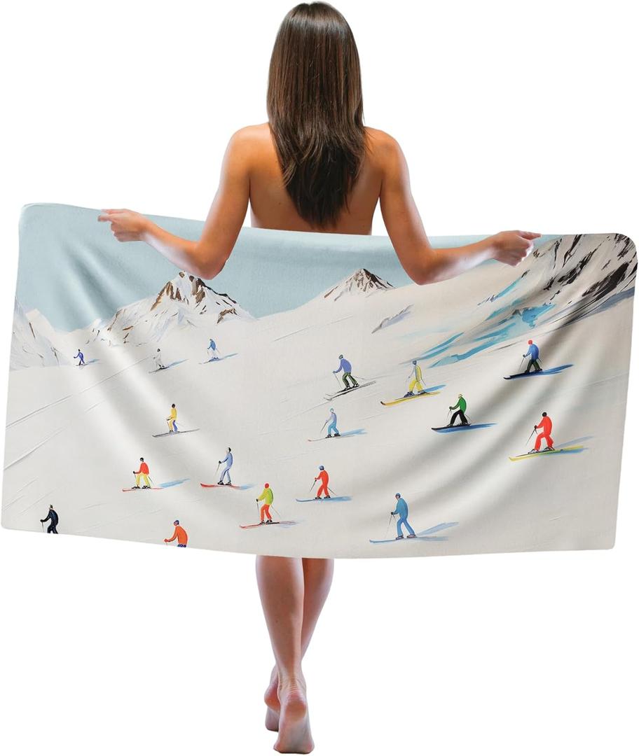 Ski Skiing Gifts Skier Beach Towel, Winter Skiing Sand Beach Towels Gifts for Women Skiers, Winter Ski Quick Dry Bath Pool Towels for Bathroom Swimming Pool Gym, Ski Lodge Decor, 30x60 in