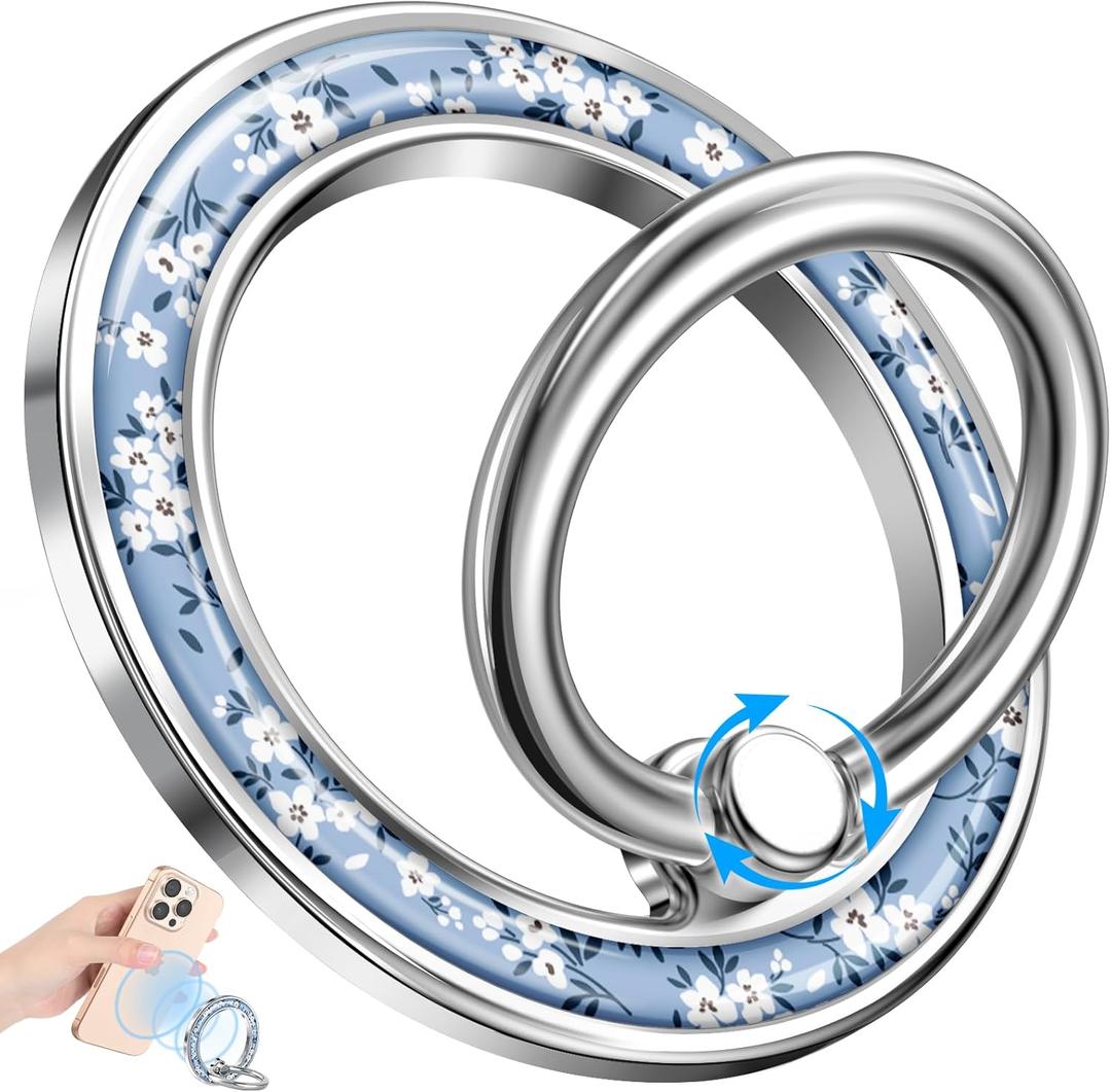 Magnetic Phone Ring Holder Compatible with MagSafe - Cell Phone Grip Magnet Removable Finger Ring Grip Stand Cute Kawaii Design for iPhone 17 Pro Max 16 15 14 13 12 Series Blue Little Flower