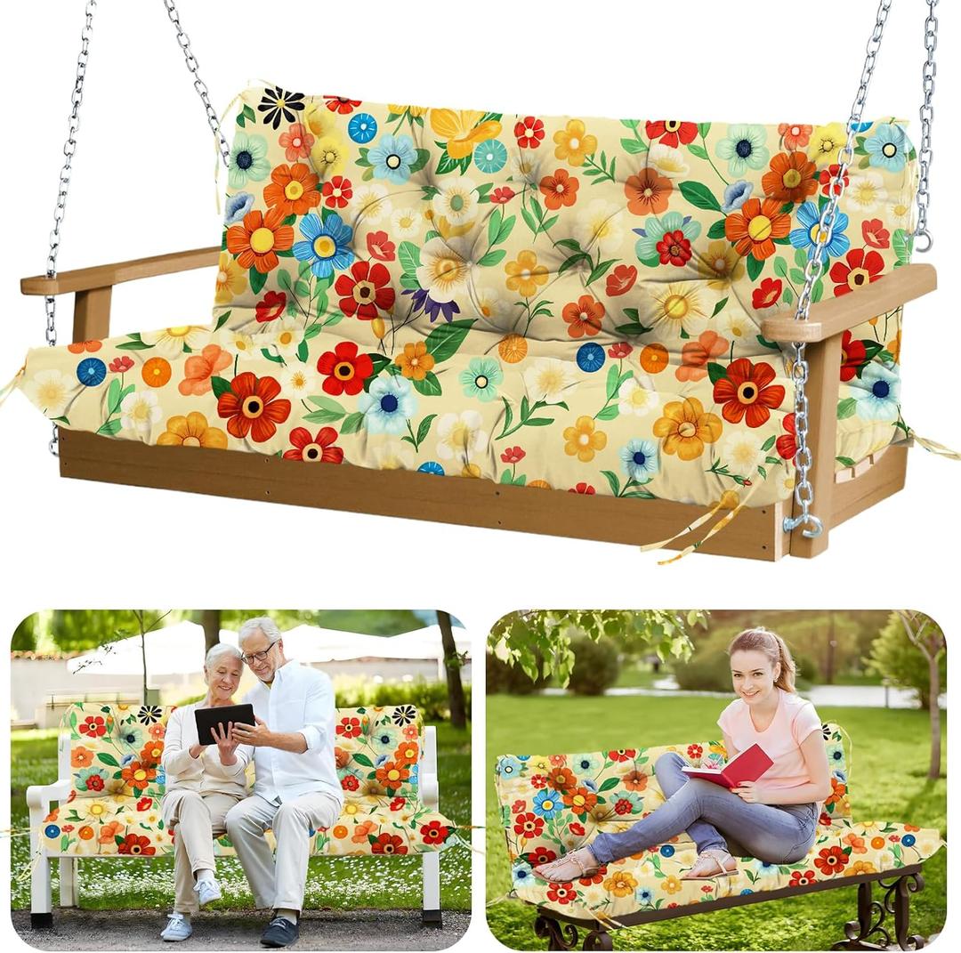 Premium Outdoor Swing Cushions 70x40 inch Waterproof Porch Swing Cushions 2-3 Seater Replacement with Backrest and Ties Swing Cushion for Outdoor Furniture Patio Porch Backyard Garden (Daisy Pattern)