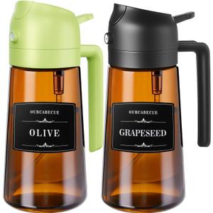 OURCABECUE 2 in 1 Olive Oil Sprayer for Cooking, 16oz/470ml Glass Olive Oil Dispenser Bottle for Kitchen, Light-Blocking Dark Brown Oil Mister with 8 Oil Stickers (Black+Green2PC)