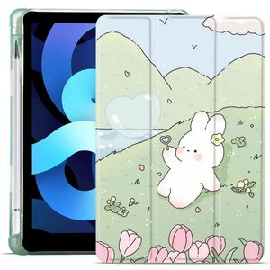 MAYCARI Cartoon Rabbit Flower Case for iPad 10.2 inch 2021/2020/2019 with Pencil Holder, Cute Animal iPad 9th/8th/7th Generation Protective Case with Soft TPU Green, Auto Sleep/Wake Cover Slim Shell