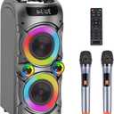 Karaoke Machine with 2 Wireless Microphones, Portable PA System Big Bluetooth Speaker with LED Lights, Remote Control Support Bass/Treble Adjustment, TF Card/USB, REC for Adult Kids Home Party