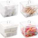4 Pack Swabs Dispenser Holder, 15 Oz Clear Acrylic Canister Set, Modern Square Bathroom Vanity Countertop Storage Organizer for Cotton Ball, Cotton Swab, Cottons Rounds, Bath Salts