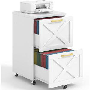 2 Drawer Small File Cabinet with Wheels, Farmhouse Vertical Filing Cabinet Fits A4/Letter Size, Under Desk Rolling File Cabinets for Home Office, Wooden Printer Stand, White