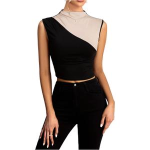 Women's Sleeveless Tank Tops Color Block Mock Neck Ruched Slim Fit Business Casual Tops (Black, L)