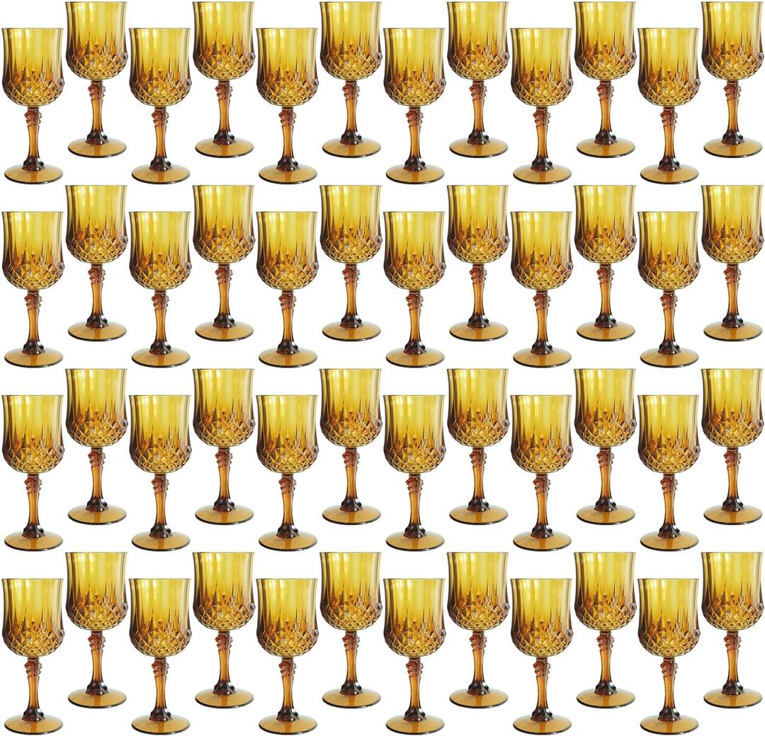 Plastic Wine Glasses, Plastic Goblets Vintage Style Cordial Unbreakable Drinking Glasses, Reusable Drinkware for Wedding Reception, Grand Event Party Supplies (48, Amber), 7oz