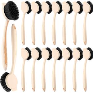 16 Pack Dish Brush with Handle Dish Scrubber Brush with Built-in Scraper Kitchen Scrub with Stiff Bristles Long Scrubber for Home Restaurant Pot Sink Washing Cleaning Supplies, Beige