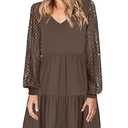ANRABESS Dresses for Women Casual Lace Long Sleeve V Neck Tiered Swing Flowy Loose A-line Mini Short 2025 Fall Vacation Dress Medium Coffee