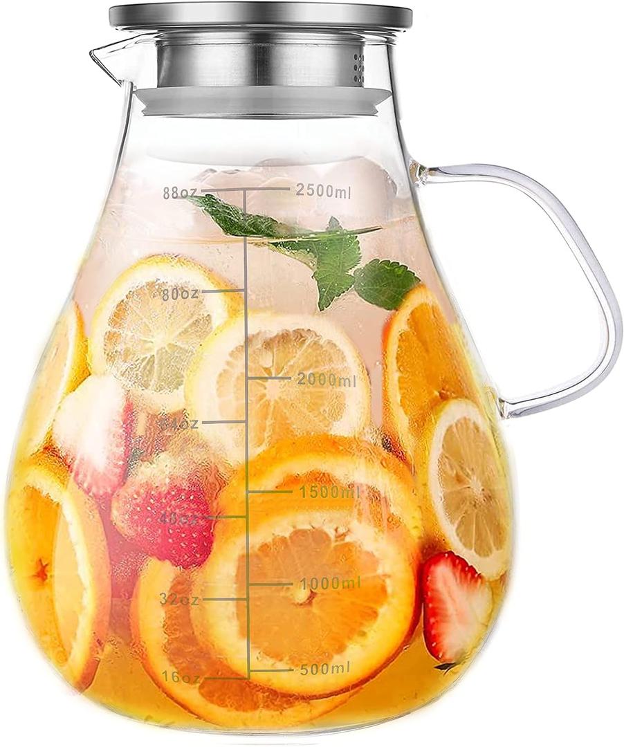 Glass Pitcher with Lid, 88 Ounces -2500ml with Precise Scale Line, Hot/Cold Water Jug, Juice and Iced Tea Beverage Carafe with Lid