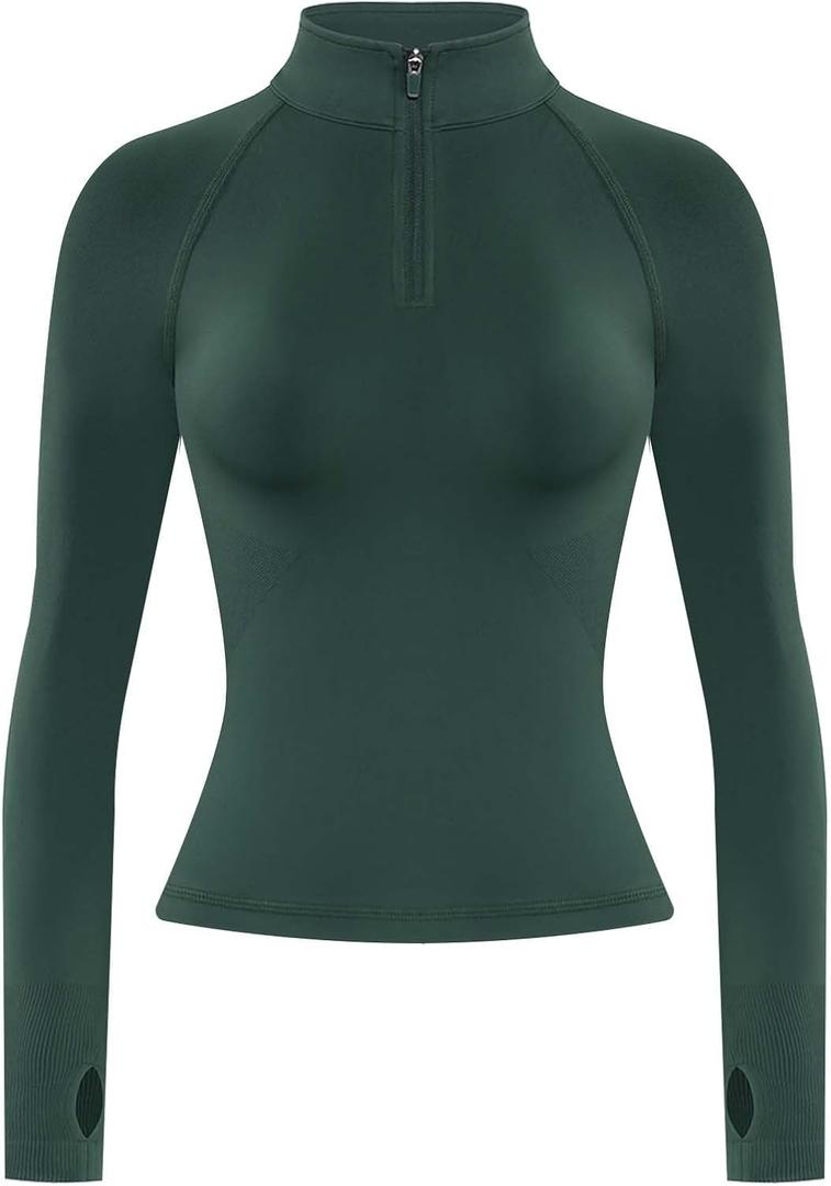 AUROLA Influence Workout Jacket for Women, Half Zip Cropped Slim Fit Long Sleeve Yoga Jackets Athletic Top with Thumb Holes (Medium, Eden Green)