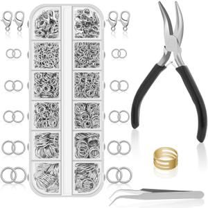 Anezus 1200PCS Jump Rings for Jewelry Making Kit, Jump Rings and Necklace Clasps with Jump Ring Pliers Tools for Jewelry Making Supplies and Necklace Repair (Silver)
