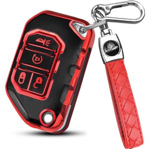 QBUC for Jeep Key Fob Cover with Keychain Compatible with Jeep Wrangler JLU JL Gladiator Rubicon JT Car Flip Key (Red)