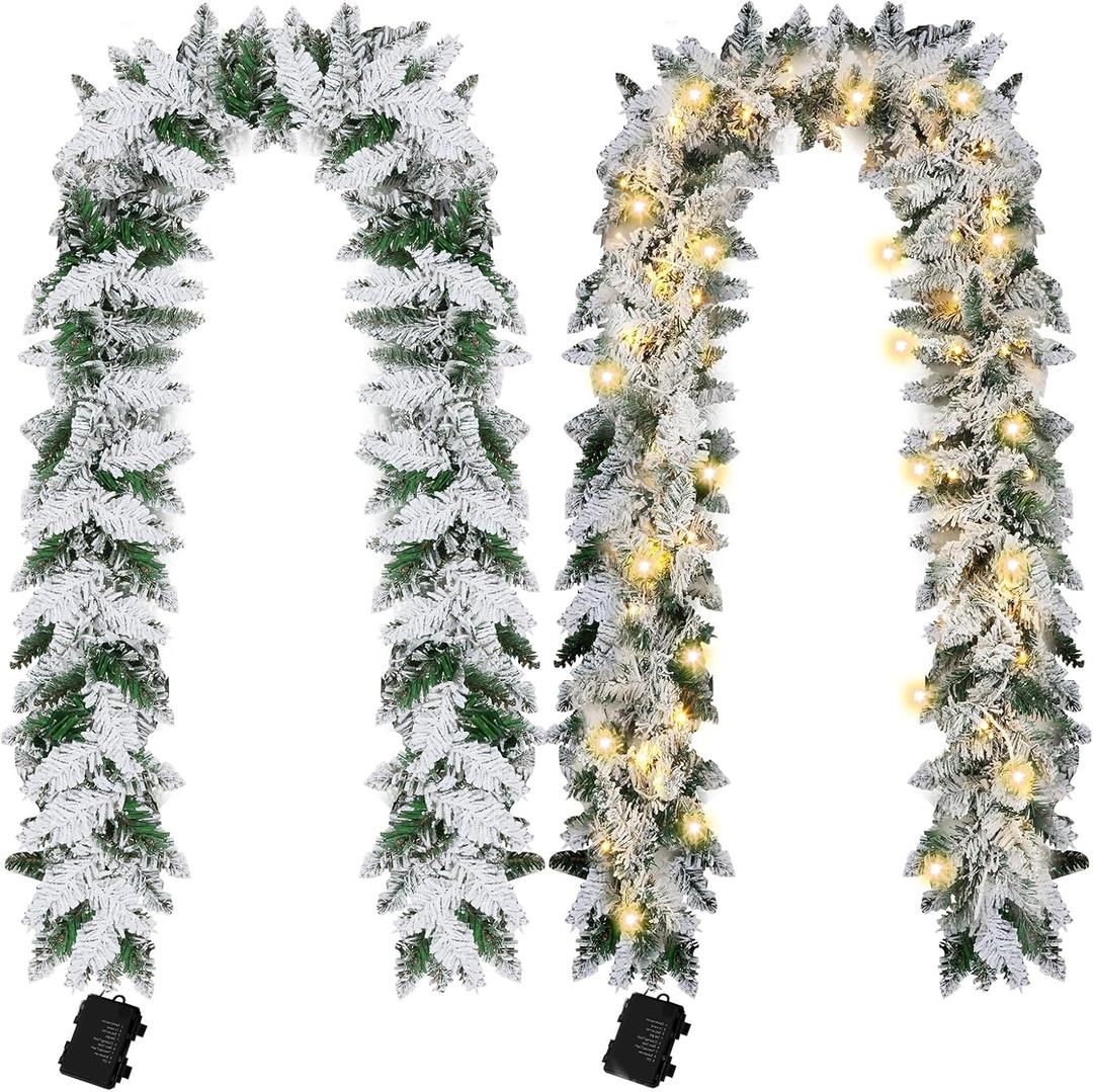 2 Pcs 9ft Pre Lit Snow Flocked Christmas Garland Cedar Garland with 100 Warm White LED Lights Battery Operated with Timer and 8 Functions Xmas Decorations Indoor Outdoor Front Door Decor
