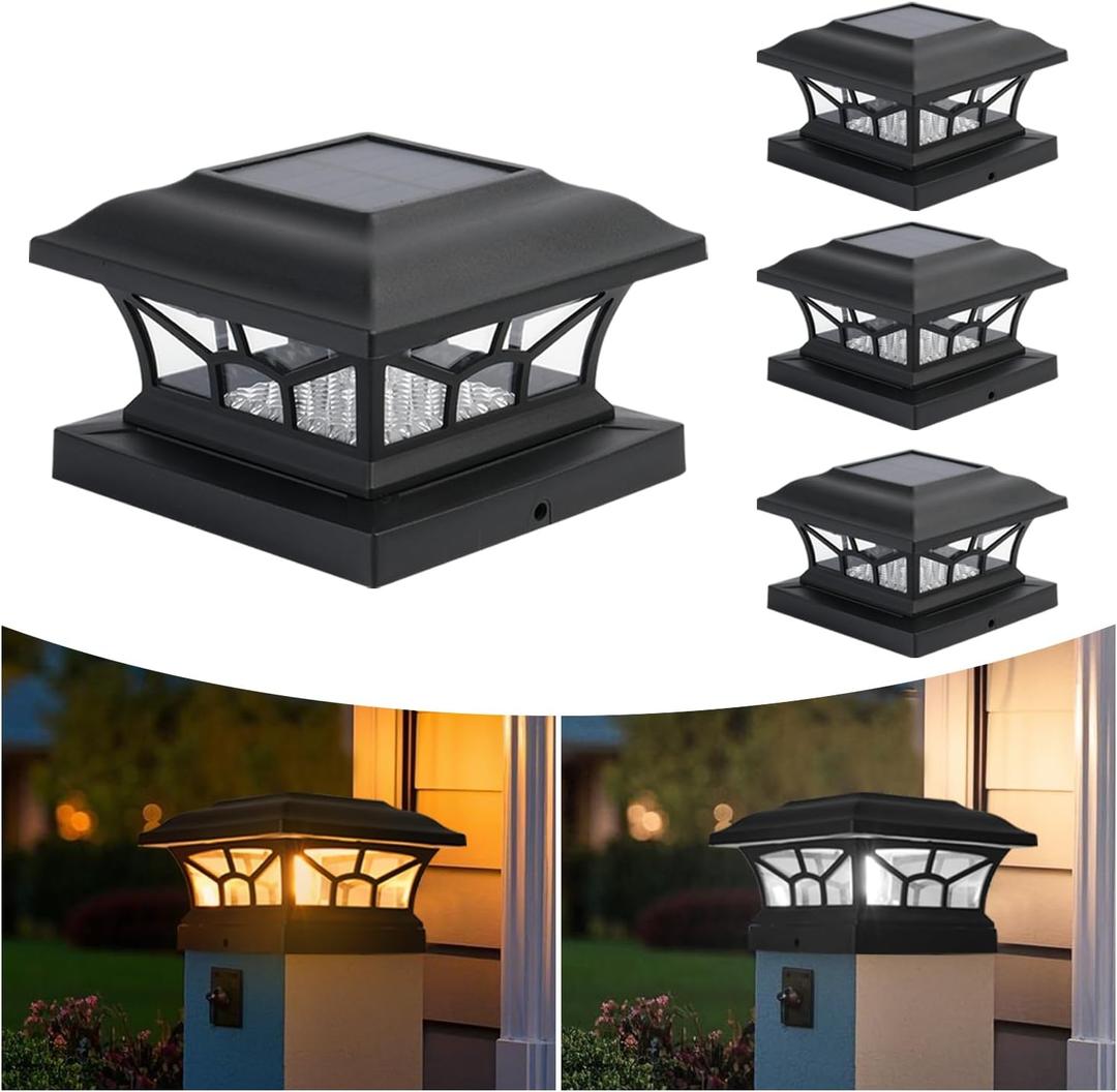4 Pack Solar Post Cap Lights Outdoor Waterproof, Fits 4x4, 5x5, 6x6 Wooden & Vinyl Fence Decks, Edison LED Bulb with Warm & Cool White Light Modes