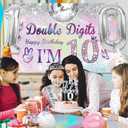 10th Birthday Decorations for Girls,49pcs Silver Dazzle Double Digits Banner, Iridescence Tablecloth, Sash, Tiara, Butterfly Decor, Happy 10th Birthday Cake Topper, Candles, Balloons Arch