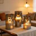 Gold Glass Flameless Pillar Candles,LED Fake Candles Battery Operated Set of 3(Love Heart and Moon)