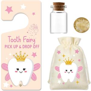 Wooden Tooth Fairy Door Hanger Sign with Keepsake Bottle Coins Pouch, Tooth Fairy Tooth Holder Encouraging Gift for Lost Teeth Boy Girl(Pink)