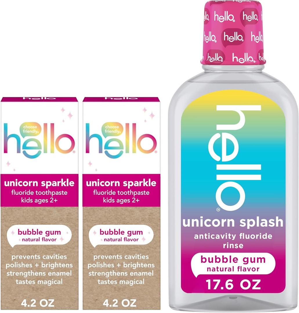 Hello Unicorn Sparkle Kids Toothpaste with Fluoride and Unicorn Splash Kids Mouthwash with Fluoride Bundle Pack, No Alcohol Formula, Natural Flavor Bubblegum Mouthwash and Toothpaste