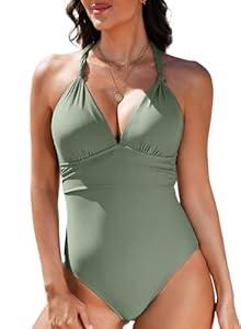 Herseas Women's Twist Cut Out One Piece Swimsuit V Neck Knotted Tummy Control Bathing Suit Small