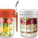 Overnight Oats Container - Yogurt Oatmeal Glass Canning with Lids and Spoon, 10 oz Cereals, Milk, Fruit Salad, with Measurement Marks (Orange)