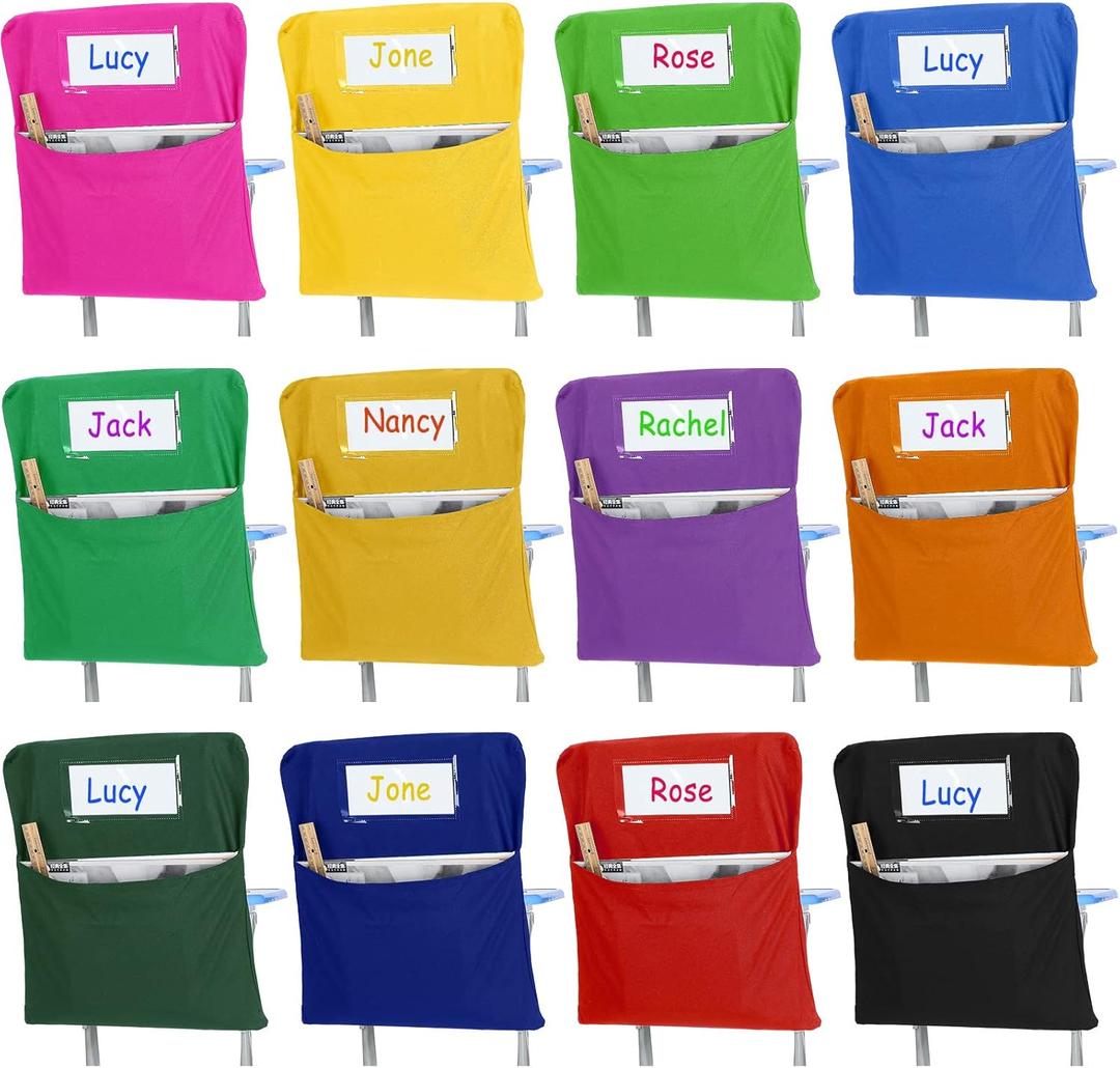 24 Pcs Small Chair Pockets for Classroom 14 Inch School Chairs Bag Chairback Buddy Seat Pocket Student Classroom Organizer with Name Tag for Primary School Chair up to 14'' Wide(Multicolored)