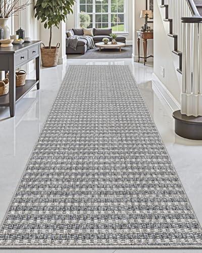 DEXI Hallway Runner Rug 3.3x12, Woven Braided Farmhouse Runner Carpet Indoor, Absorbent Thin Long Entryway Runners for Kitchen, Laundry Room, Patio Entrance, Checkered Grey