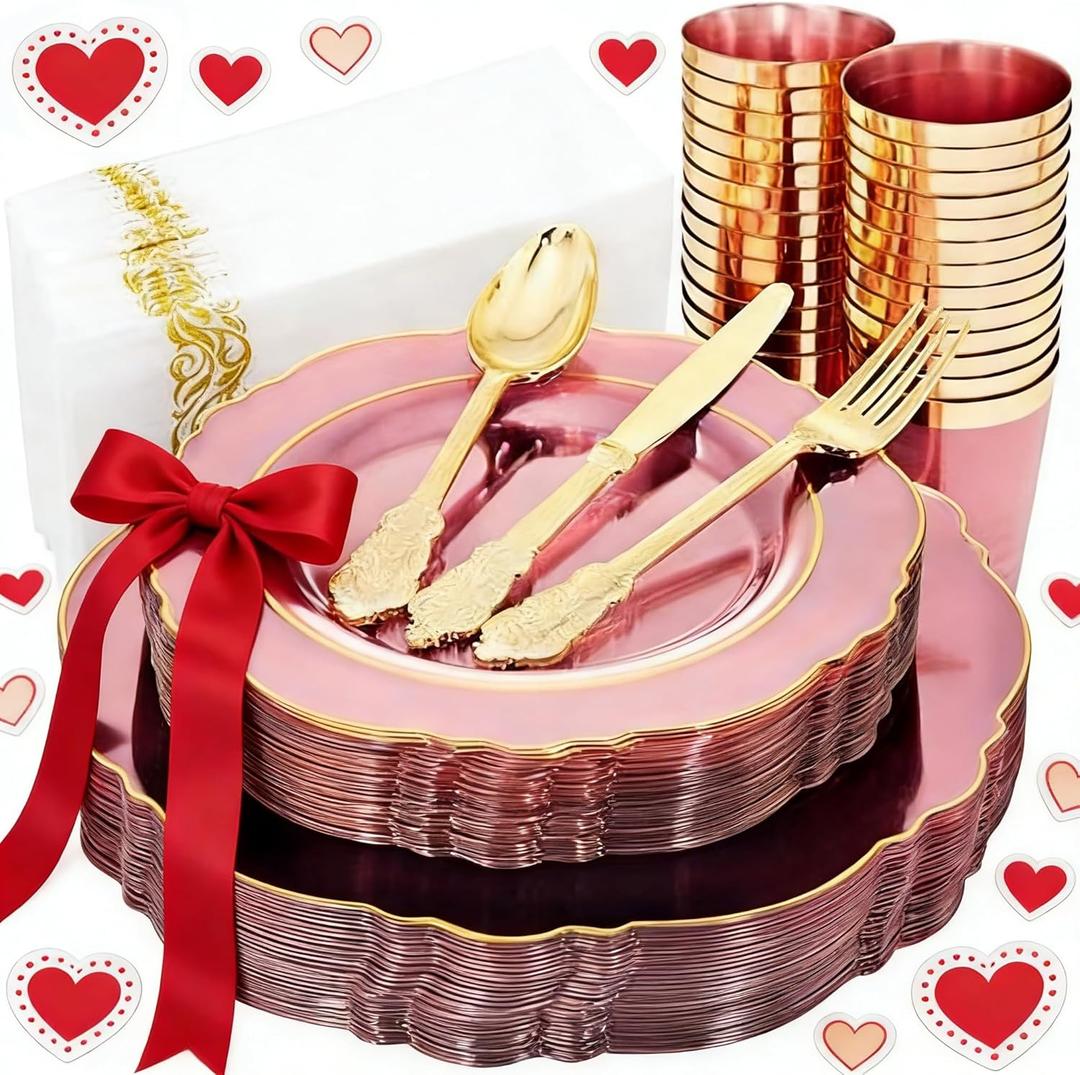 KIRE 210Pcs Clear Pink Plastic Plates with Gold Rim - Disposable Pink Plates & Silverware & Pink Cups & Hand Napkin - Plum Colored Plastic Dinnerware for Upscale Wedding/Valentine's Day