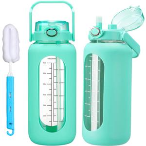 chunmo 64oz Glass Water Bolttles with Straw Half Gallon Large Motivational Water Bottle with Time Marker Sports Water Bottles with Silicone Sleeve and Handle Lid Water Jug for Gym Workout (Green)