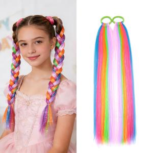 Rainbow Colorful Hair Tinsel Extensions for Women Ponytail Hair With Rubber Band Daily Party Festival Crazy Day Girls Accessories Synthetic Hair Pieces 2pcs