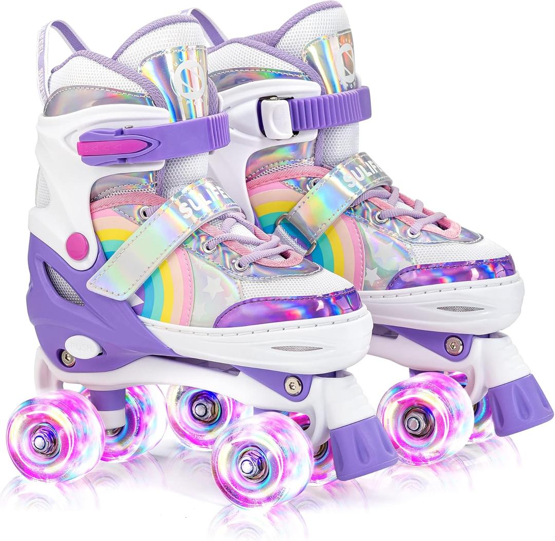 SULIFEEL Rainbow Unicorn 4 Size Adjustable Light up Roller Skates for Girls Boys for Kids (Medium - Big Kid)