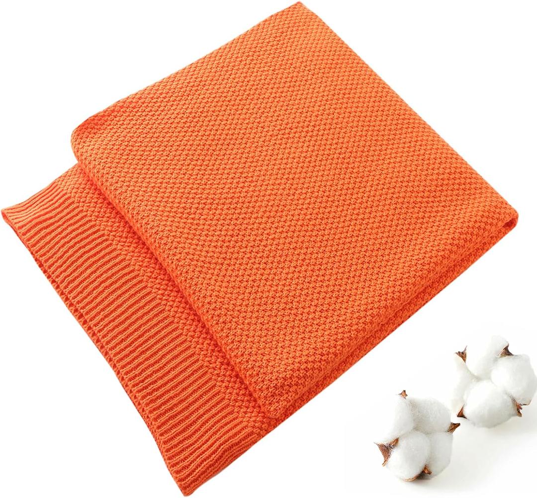 TREELY Soft Knit Throw Blanket for Couch Sofa or Bed Throw Size,100% Cotton Warm Cozy Decorative Knitted Throws Blanket for All Seasons (50"x60", Orange)