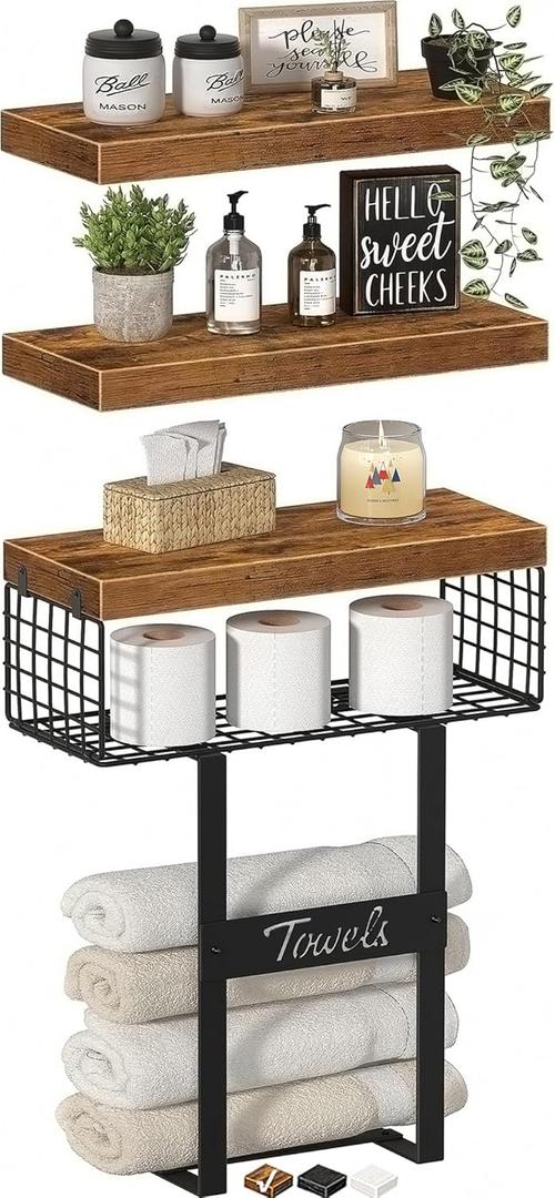 Bathroom Shelves Over Toilet - Floating Shelf for Wall Above Toilet Towels Holder Small Farmhouse Decor Shelves (15.7 inch, Set of 3, Rustic Brown) (A. Brown)