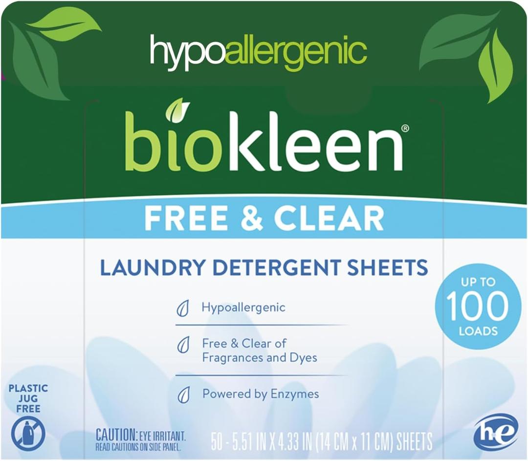 Biokleen Laundry Detergent Sheets - Dye & Fragrance Free, Hypoallergenic, Enzymatic Cleaner, Stain Remover, Bio Active Formula, No Plastic Jug, Unscented, 100 Loads