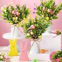 Riceshoot 6 Sets Spring Easter Table Centerpiece Decor 12 Easter Artificial Flower Picks with 6 Metal Pots 12 Eucalyptus Egg Stems Twig Branches Sprays with Berries for Home Arrangement(White)