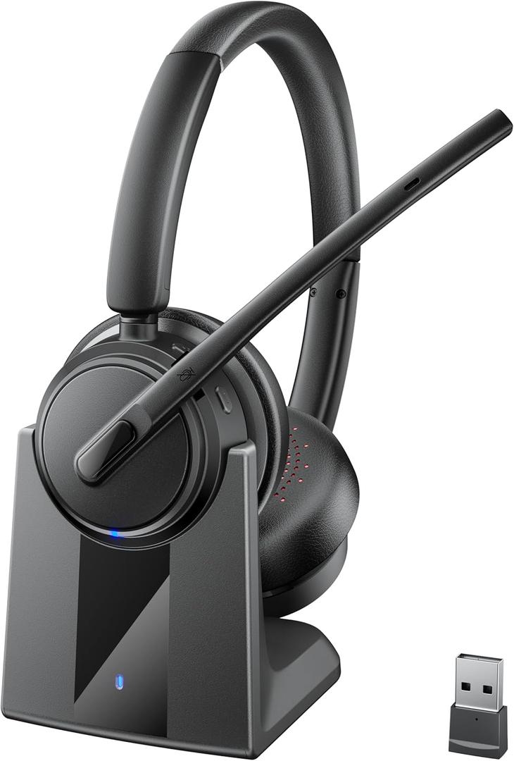 Mopchnic Wireless Headset with Noise Cancelling Microphone, On-Ear Bluetooth Headset with USB Dongle, Mute Function & Charging Base, Wireless Headphones for Work from Home and Call Center (Black)