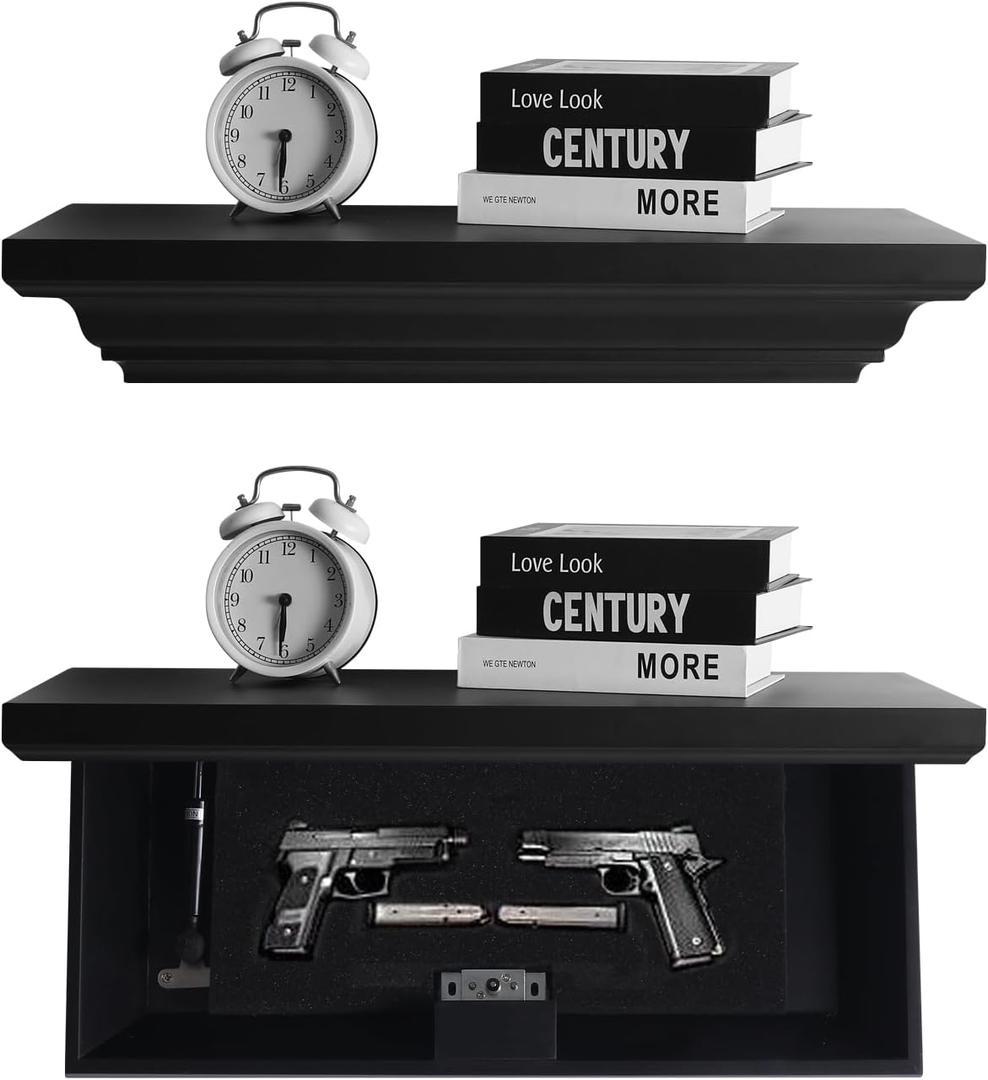 Concealment Gun Shelf with Hidden Trap Door with RFID Lock, Black Floating Shelf for Living Room, 21 1/4 inches W x 10 1/4 inches D x 3 1/2 inches H