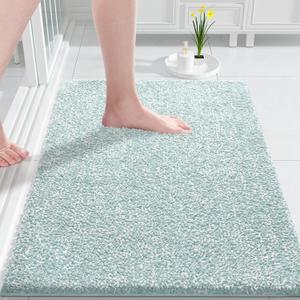 Yimobra Bathroom Rugs Mat, Extra Soft Comfortable Bath Rugs, Non-Slip, Water Absorbent and Thick Bathroom Floor Mats, Machine Washine, Shaggy Rugs for Shower Bathtubs, 32" x 20", Sky Light Blue&White