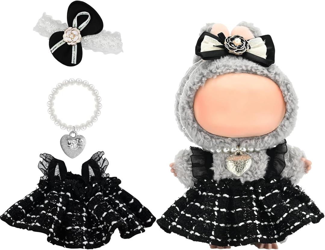 Elegant Black-and-White Dress for 15cm/17cm Dolls - Strap Gown with Heart Pearl Necklace & Bow Headband/Fashion Doll Clothes Set, Accessories for Girl Doll/Perfect for Collectors, Gifts