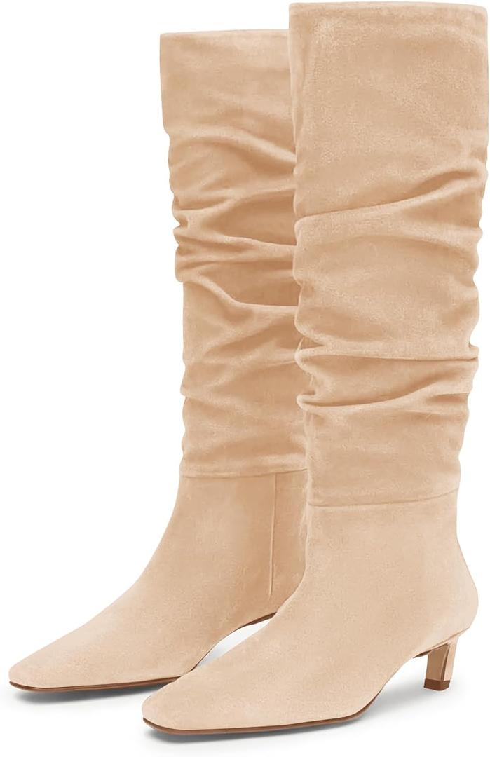Coutgo Womens Slouchy Knee High Boots Low Kitten Heel Square Toe Tall Boots Fall Winter Shoes (Beige, M)