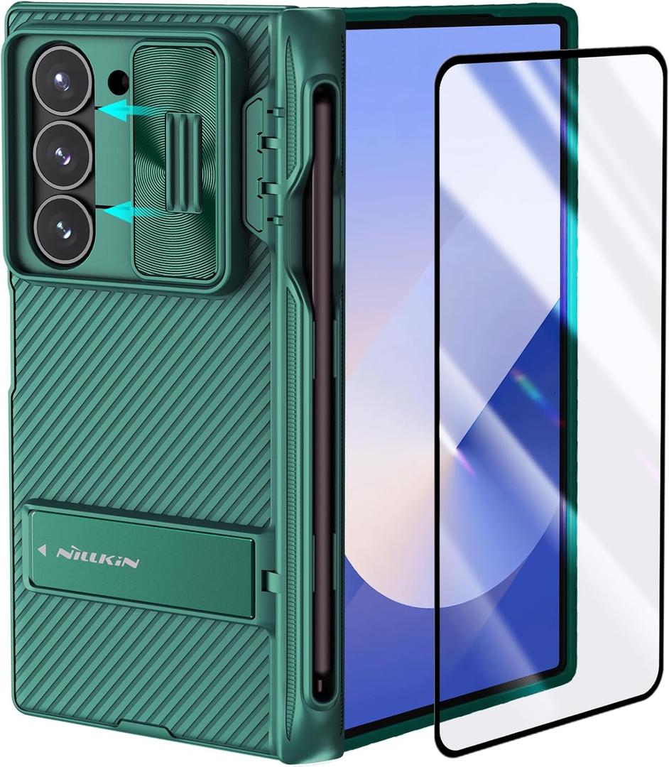 Nillkin for Galaxy Z Fold 6 Case with S Pen Holder, Built-in Screen Protector & Slide Lens Cover & Metal Kickstand & Hinge Protection Full Shockproof Thin Slim Phone Cover for Samsung Fold 6, Green