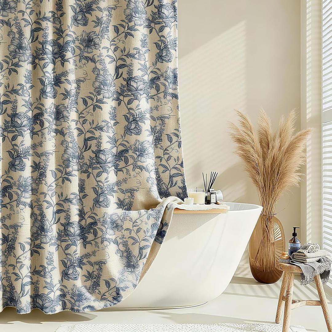 Farmhouse Blue Floral Shower Curtain with 12 Clear Rings, Fabric Faux Linen Shower Curtain Set, Vintage Cottagecore Shower Curtain for Bathroom 72" W x 84" L