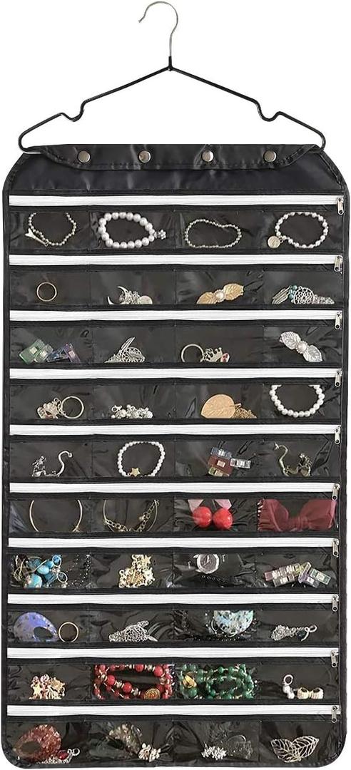 Hanging Jewelry Organizer with Oxford Double Side 80 Zippered Storage Pocket (black)