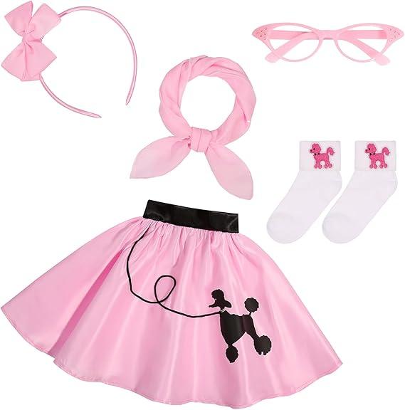 50s Costumes for Girls 1950s Pink Poodle Skirt Set with Eye Glasses Scarf Headband Socks for Kids Halloween Costume