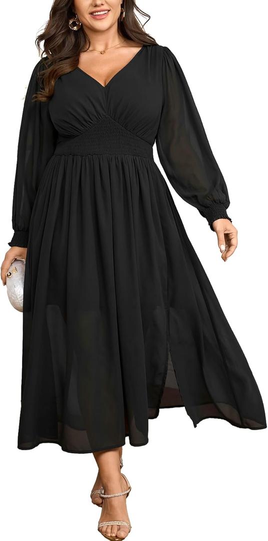 SCOMCHIC Womens Plus Size Formal Dresses Chiffon Wedding Guest Long Sleeve V Neck Smocked Flowy Slit Maxi Dress