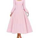 ZESICA Women's Long Sleeve Midi Dresses 2026 Fall Square Neck Swing A Line Wedding Guest Evening Prom Dress Size M