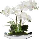 Briful Orchids Artificial Flowers 15" White Phalaenopsis Orchid with Silver Pots Real Touch Faux Orchid Plant for Home Office Living Room Table Decoration (White#2)